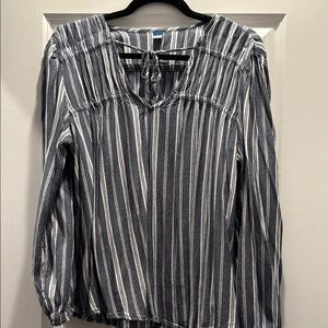 Striped V-Neck Blouse - Black and White